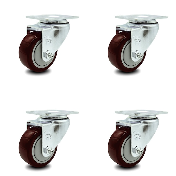 3.5 Inch Maroon Polyurethane Wheel Swivel Top Plate Caster Set